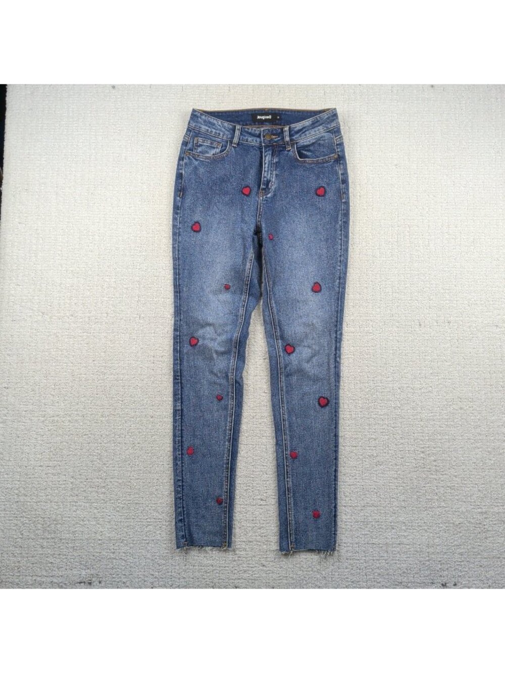 Y2K Desigual Embroidered Hearth Slim Jeans Blue Distressed Ankle Sz 38 Love Boho